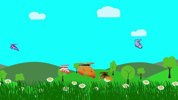 卡通景观春天的季节动画与鲜花和蝴蝶