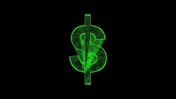 美元符号3D在黑色背景上旋转动态全息图物体溶解绿色闪烁粒子60FPS漂亮的3D渲染