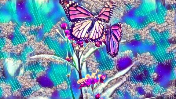 艺术卡通蓝色和紫色蝴蝶飞过植物的动画数字艺术