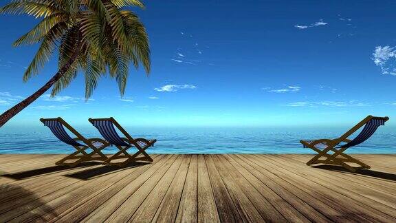 3d热带海滩景观与棕榈树和椅子