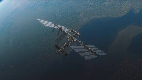 动画的国际空间站ISS漂浮在轨道上的行星地球在外层空间