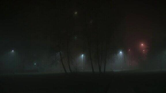 雾天气城市环境夜晚庭院用灯笼照亮庭院