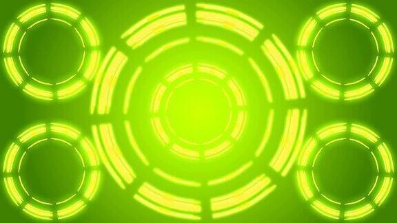 黄色的未来主义的圆圈在绿色的背景循环