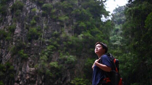 一个亚洲华人中年女性旅行徒步探索怡保霹雳马来西亚的森林背包