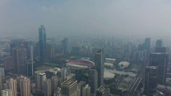 夏季日雾广州市市中心区体育场综合航拍全景4k中国