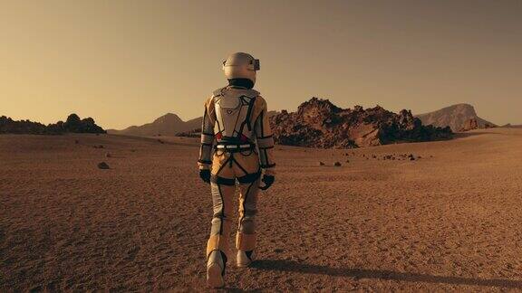 火星漫步女宇航员探索铁锈色沙漠走向山脉