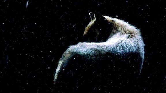 下雪的黑暗森林里的特写狼