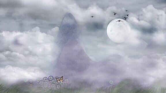 雏菊和蝴蝶月亮在多云的天空紫色的山