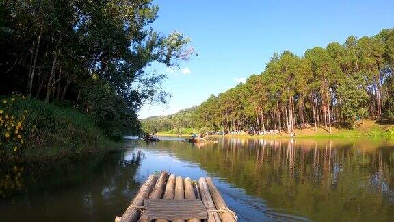 乘着竹船在大河中迎着天然的树木和森林航行