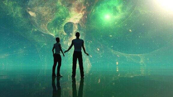 一个男人和一个女人在梦想的世界里夫妇看着天空旅行到其他的世界