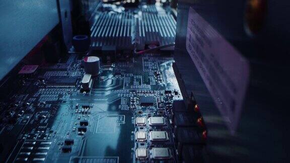微距相机在印刷电路板上缓慢移动显示计算机主板组件:微芯片CPU处理器晶体管内部电子设备硬件霓虹灯的颜色