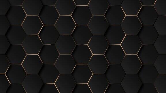 4k抽象豪华黑灰色梯度背景与未来六边形黄金网格