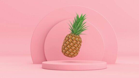 4k分辨率的视频:新鲜成熟的热带健康营养菠萝水果旋转在粉红色圆柱体产品舞台底座上的粉红色背景循环动画