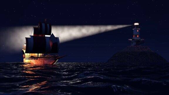 一艘旧木船在夜晚航行靠近灯塔的3D动画