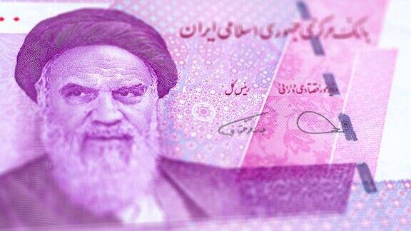 伊朗里亚尔纸币观察和储备面跟踪摄影车拍摄1000005000020000100005000伊朗里亚尔托曼当前100000里亚尔纸币4k分辨率库存视频-伊朗货币货币背景金融状况
