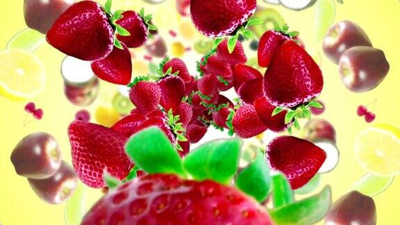 坠落的草莓和水果环背景循环阿尔法通道