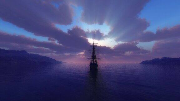夕阳下的老船从港口启航