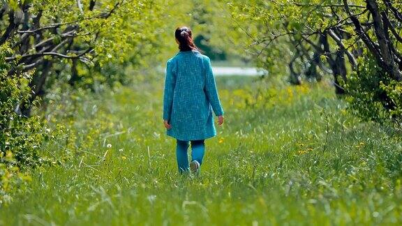 年轻女子穿过草地绕着绿树走阳光明媚的一天后视图