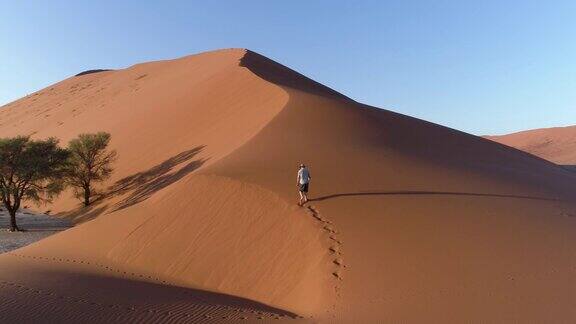 男游客在纳米布沙漠的沙丘上行走的鸟瞰图