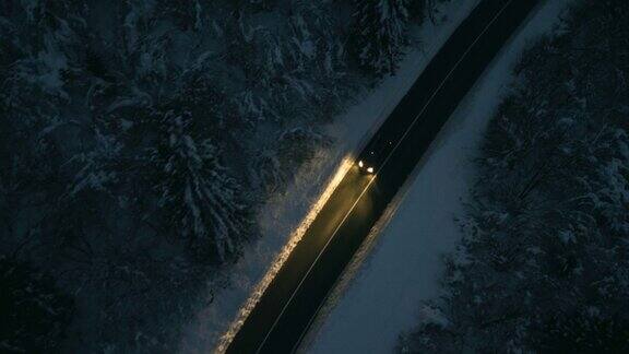 夜间在森林附近行驶的汽车