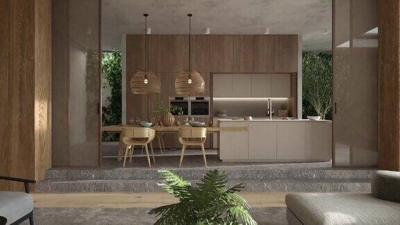 斯堪的纳维亚风格的室内公寓客厅设计采用波西米亚自然木家具3d渲染视频动画场景