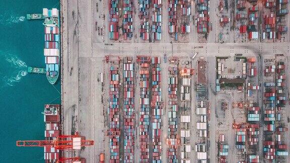 PAN视图繁忙的工业港口与集装箱船