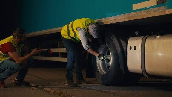 卡车司机在夜间行驶时修理轮胎螺栓