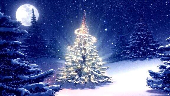 温暖的蓝色冬季景观装饰圣诞树