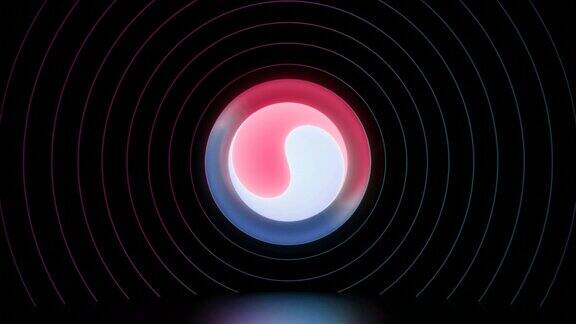 抽象阴阳圆在蓝色白色和红色的颜色旋转在一个黑色的背景与弦环设计有催眠作用的视觉错觉