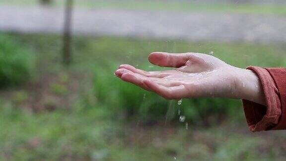 雨水落在女性手上环境概念自然背景