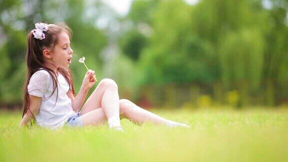 可爱微笑的女孩在绿色的草地上有趣快乐的女孩坐在绿色的草地上吹蒲公英的肖像