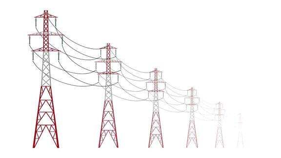 白色背景上的高压电缆塔