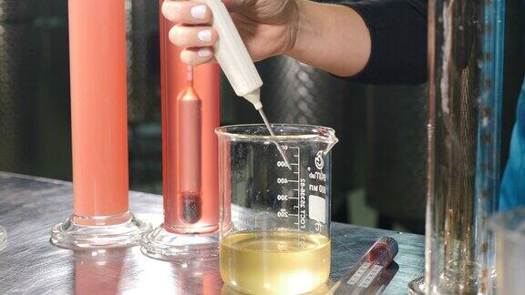 酒厂、葡萄酒生产质量控制酿酒师的实验室在酿酒厂的实验室里测试葡萄酒测定酒精含量、冷稳定性、密度、苹果酸、红葡萄色、糖、二氧化硫ph值