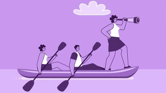 紫色风格的人扁平的人物与女船长在皮艇上航行带有Alpha通道的孤立循环动画