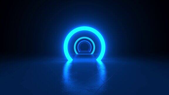 在黑厅房间里圈氖蓝光抽象的科幻几何背景走廊未来发光的混凝土地板房间反射前进3d动画循环4K
