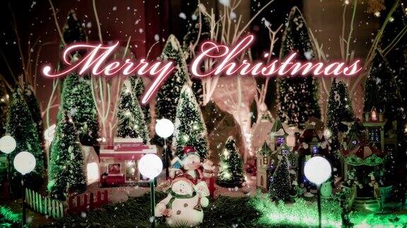 圣诞快乐文字排印设计以红色的玩具圣诞村为场景和彩灯装饰在雪花背景下的圣诞活动理念