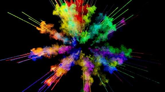 爆炸的火药孤立在黑色背景3d动画的粒子作为彩色的背景或覆盖效果迸发出彩虹般的色彩粉饼呈现出明亮如胡里节57