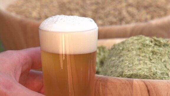 啤酒杯与啤酒花和大麦成分