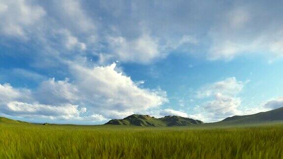 绿色的草在风中飘扬山脉与暴风雨的云