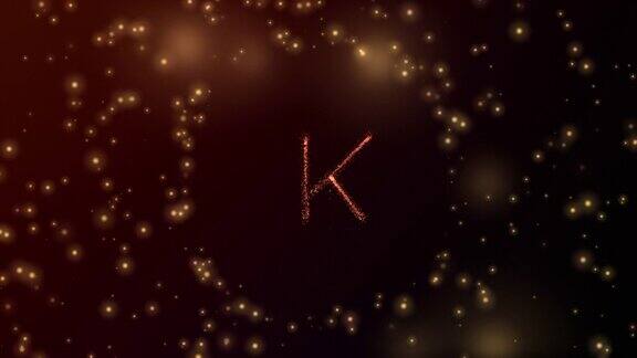 发光粒子形成字母K与球开放和红色发光背景在3D和淡出