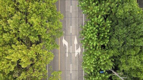 无人机鸟瞰图的道路与森林和树木沿着道路与很少的汽车