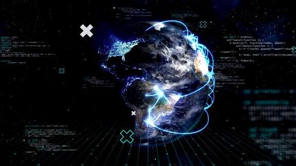 地球在宇宙中旋转的动画与网络连接和数据处理