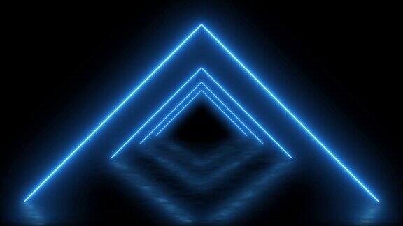 穿过蓝色霓虹灯的三角形隧道