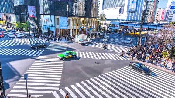 4K日本东京银座十字路口的交通和人群