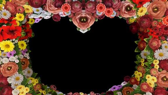 在黑色背景上旋转的花朵形成一个心剪影的动画婚礼情人节母亲节家庭节生日的问候模板