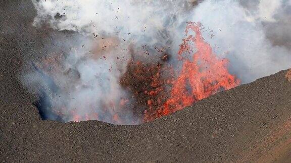 堪察加活火山喷发-从火山口喷出:熔岩、气体、蒸汽、火山灰