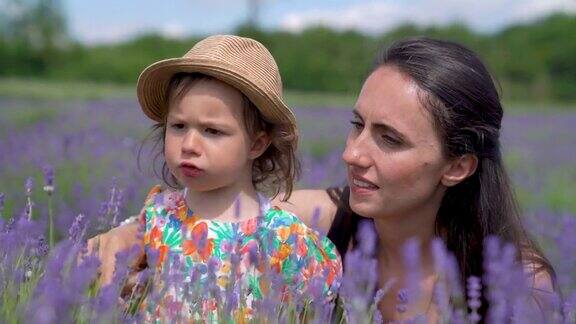 小女孩和她的妈妈在伦敦的紫色薰衣草地里
