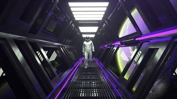 技术与未来概念宇航员在宇宙飞船隧道中行走科幻穿梭走廊紫色的光月亮