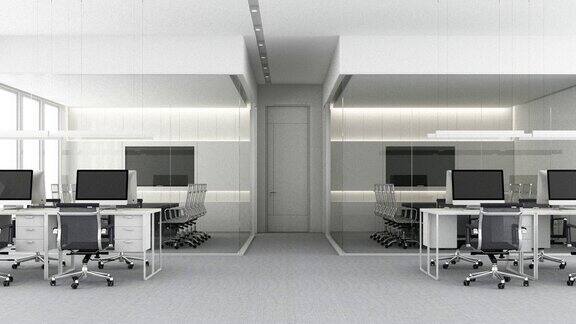 现代现代宽敞的办公室室内与城市景观和日光工作场所设计概念地毯地板和办公家具会议室工作区3D渲染动画循环