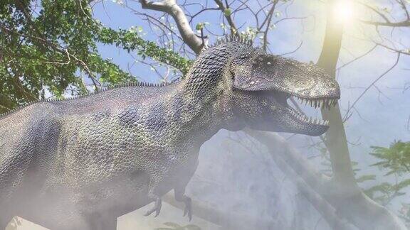 动画中奔跑的恐龙霸王龙3d渲染在丛林